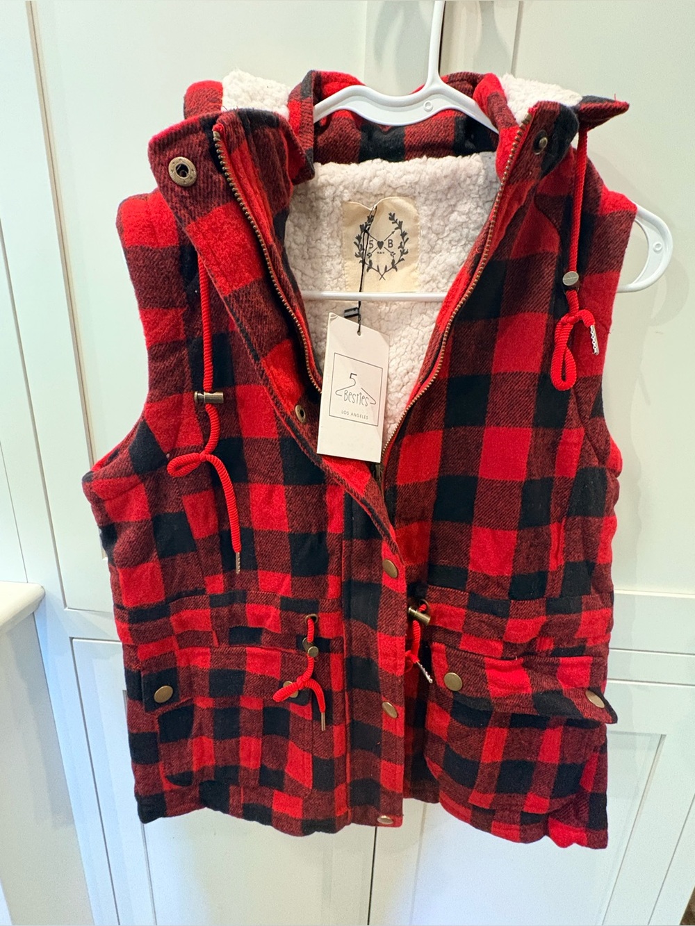 Women’s New Red and Black Buffalo Plaid Sherpa-Lined Hooded Vest
